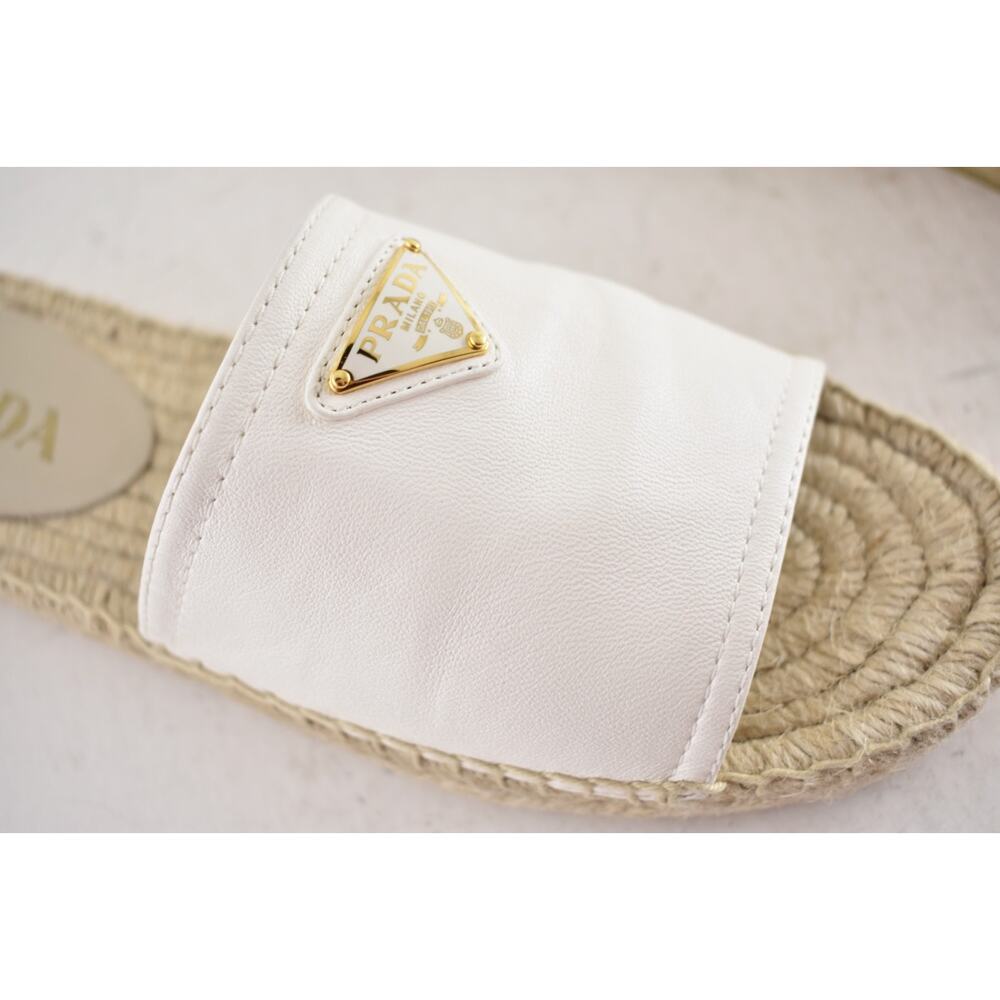 Prada Gold Triangle Logo Avorio White Leather Espadrille Slide Sandal Flat 37 - Picture 7 of 16